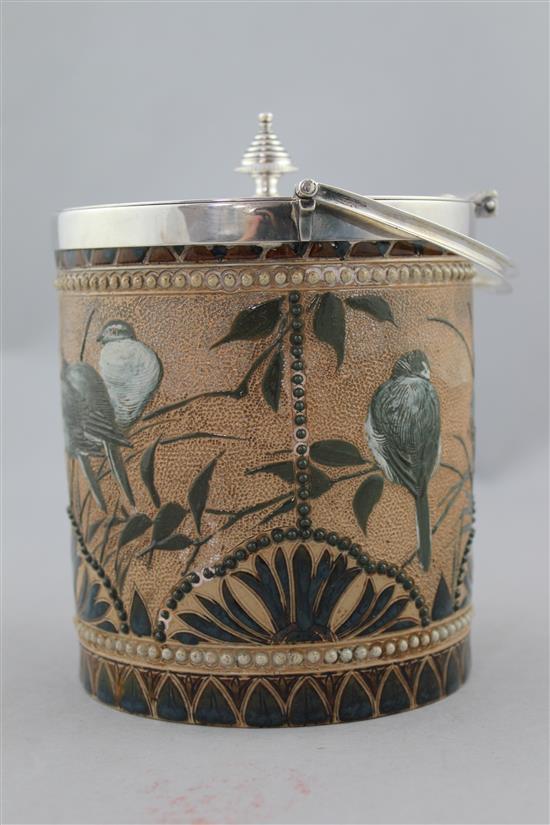 A Doulton Lambeth stoneware biscuit barrel, by Florence E. Barlow, dated 1884, 16cm. to finial